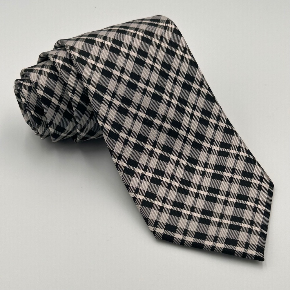 Chaps Plaid Necktie Black Gray White Silk ‎ Business Formal Mens Handmade